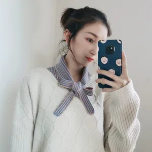 Women knitted striped scarf winter stylish bow neckerchief versatile cute collar wrap