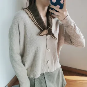 Cardigan de punto para mujer con cuello bufanda color contraste botones jersey top