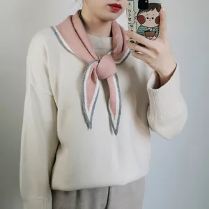 Bufanda de punto estilo coreano para mujer, rosa con borde gris, chal versátil de invierno.