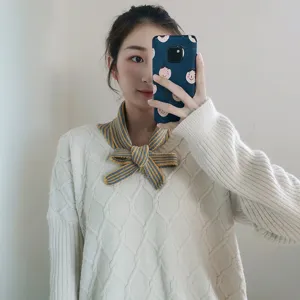 Knitted striped false collar detail view, stylish winter neck warmer accessory for women.
