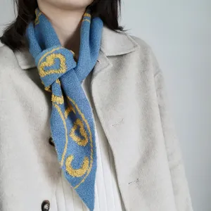 Women blue knitted scarf with yellow heart pattern chic autumn winter small shawl neckerchief