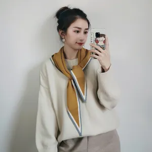 Bufanda de punto para mujer invierno cálido chal elegante amarillo con borde de color