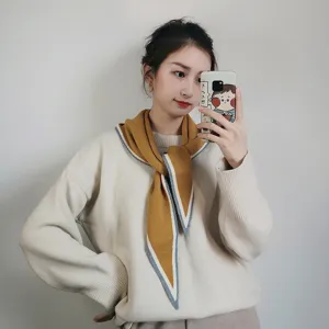 Mujer elegante jersey de punto con bufanda chal de borde contrastante otoño invierno