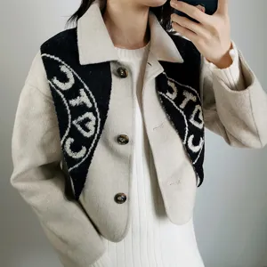Women contrast color lapel knitted short jacket chic autumn winter fashion apparel