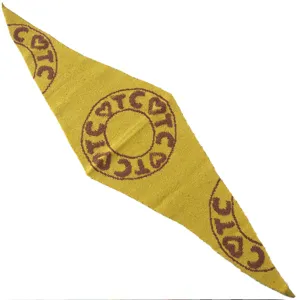 Yellow knit triangular shawl scarf with brown circular CTC heart pattern for women autumn