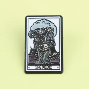 Vintage tarot style skull medical soldier enamel lapel pin brooch badge accessory for apparel.