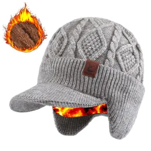 Winter dicke gefütterte Strickmütze mit Schirm und Ohrklappen für Damen und Herren in Grau warm