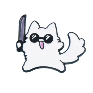 Joli badge en émail de chat cool de dessin animé mignon avec lunettes de soleil et couteau