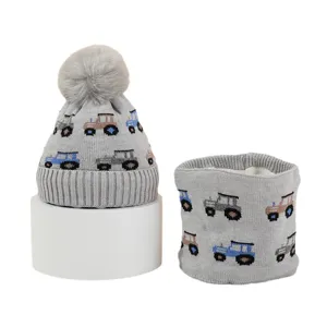 Kids knit hat and scarf set with cute car pattern, grey winter warm beanie and neck warmer.