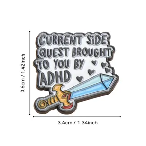 Leuke grappige emaillen speld met zwaardontwerp en ADHD slogan, hippe metalen broche.