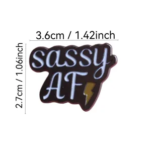 Metal enamel pin badge with sassy AF text and lightning design, stylish clothing accessory.