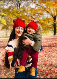 Women kids matching red knit beanie hat with double pom pom winter warm cute style