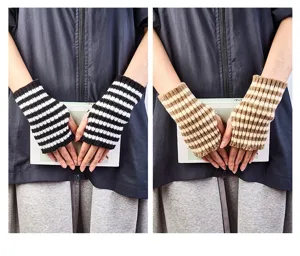 Autumn winter striped fingerless knitted gloves for women warm student writing wrist