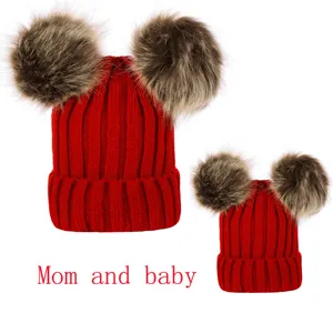 Winter red parent child knit pom pom hat set for mom and baby cozy winter beanie cap