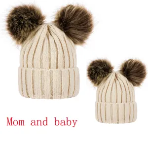 Knit beanie hat with double pom poms, autumn winter warm pullover caps for mother and baby set.