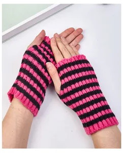 Women winter knit striped fingerless gloves warm cute pink black arm warmers for students