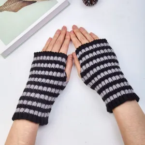 Winter striped fingerless knitted gloves for women warm wrist thermal cozy hands