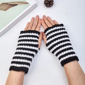 Black and white striped fingerless gloves, knit warm winter hand warmers for women.