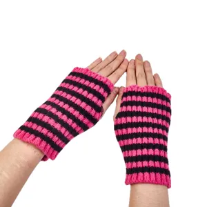 Women knit fingerless gloves pink black stripes winter warm arm warmers cute fashion