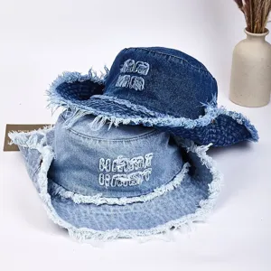 Distressed denim bucket hat frayed brim vintage style fashion sun protection trendy basin cap
