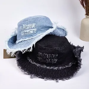 Distressed frayed denim bucket hat set, stylish casual washed sun hat for men and women outdoor.