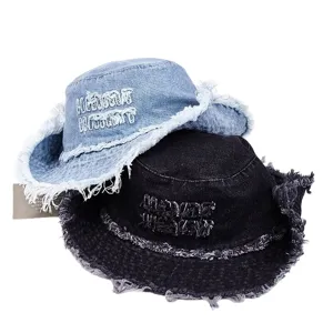 Distressed denim bucket hat for women and men, vintage raw edge casual sun protection basin cap.