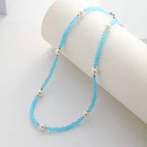 Blaues Kristall und weiße Perlen Perlen Schlüsselbeinkette Halskette für Frauen Mode Schmuck