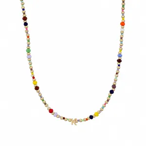 Bohemian colorful seed beaded necklace with initial letter K pendant for women fashion jewelry detail
