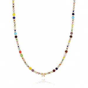 Boho colorful seed bead necklace with gold letter N pendant for women fashion jewelry.