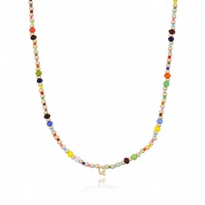 Bohemian colorful seed bead necklace with letter pendant, stylish fashion jewelry for women daily.