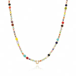 Bohemian colorful rice bead necklace with gold letter U pendant stylish fashion jewelry for women