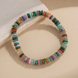 Kleurrijke natuursteen en schelp kraal armband voor dames, retro elastische sieraden.