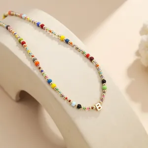 Bohemian colorful rice bead beaded necklace with gold letter B pendant for women chic jewelry