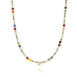 Bohemian colorful beaded necklace with gold metal initial letter pendant for women main