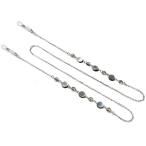 Catena per occhiali in acciaio inossidabile con perle di conchiglia e cristalli dettaglio