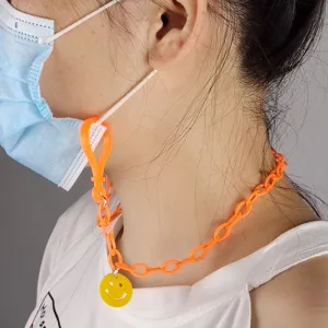 Orange acrylic mask chain lanyard with yellow smiley face pendant for cute daily anti-lost use.