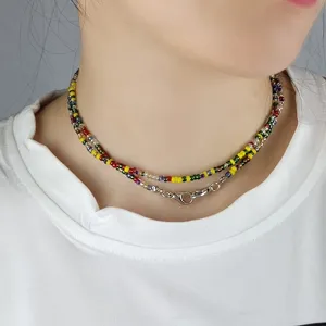 Close up view of colorful seed bead multi-layer necklace detail showing vibrant small glass beads.