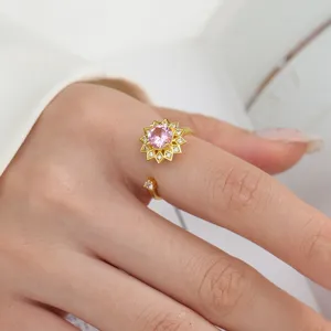 Verstellbarer goldener Blumenring mit pinkem Zirkonia, Anti-Angst-Ring für Frauen und Damen.