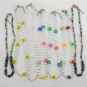 Collana di Perline Fatta a Mano per Donna Stile Bohemien Perla Artificiale Fiore in Argilla Faccina Frutta Gioielli Estate Spiaggia Choker