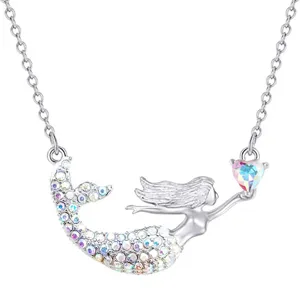 Collier sirène argenté pendentif cœur cristal strass dégradé chaîne clavicule bijoux