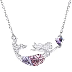 Collier Pendentif Cœur Queue de Sirène Dégradé Strass Chaîne Clavicule Acier Inoxydable Alliage Bijoux pour Femmes