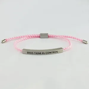 Bracciale in corda intrecciata rosa con barra curva in acciaio inossidabile regolabile
