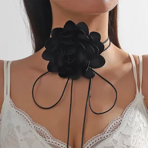 Collana choker con fiore in tessuto camelia nera nastro stile dolce cool gioiello