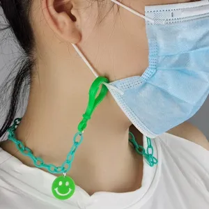 Green acrylic smiley face mask chain anti-lost lanyard necklace fashionable daily accessory.