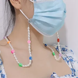 Chaine de masque en perles et fleurs argile anti-perte laniere de lunettes elegante femme