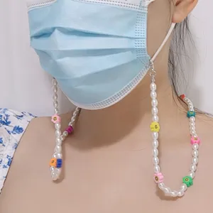 Chaîne de Lunettes en Perle Artificielle Pâte Polymère pour Femmes Fleur Visage Souriant Fruit Anti-Perte Chaîne de Masque Bijoux