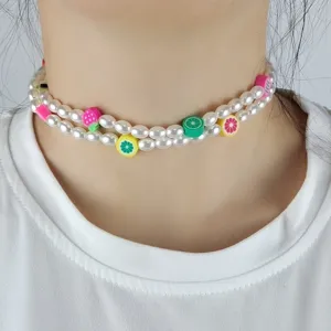 Collier de perles double couche avec pendentifs de fruits en argile, bijoux Y2K.