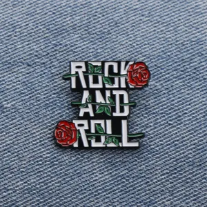 Rock en roll metalen emaille broche speld met rode roos en letters voor kleding en tassen.