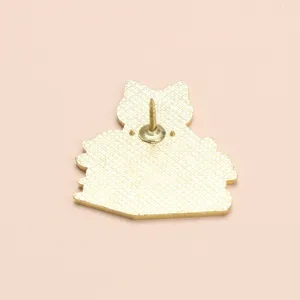 Back view detail of a gold metal cat book enamel pin, exquisite alloy lapel badge.