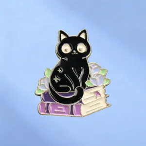Vintage Alloy Black Cat Books Brooch Painted Cartoon Animal Enamel Pin Badge For Clothes Bags Lapel Jewelry Gift Unisex Accessory